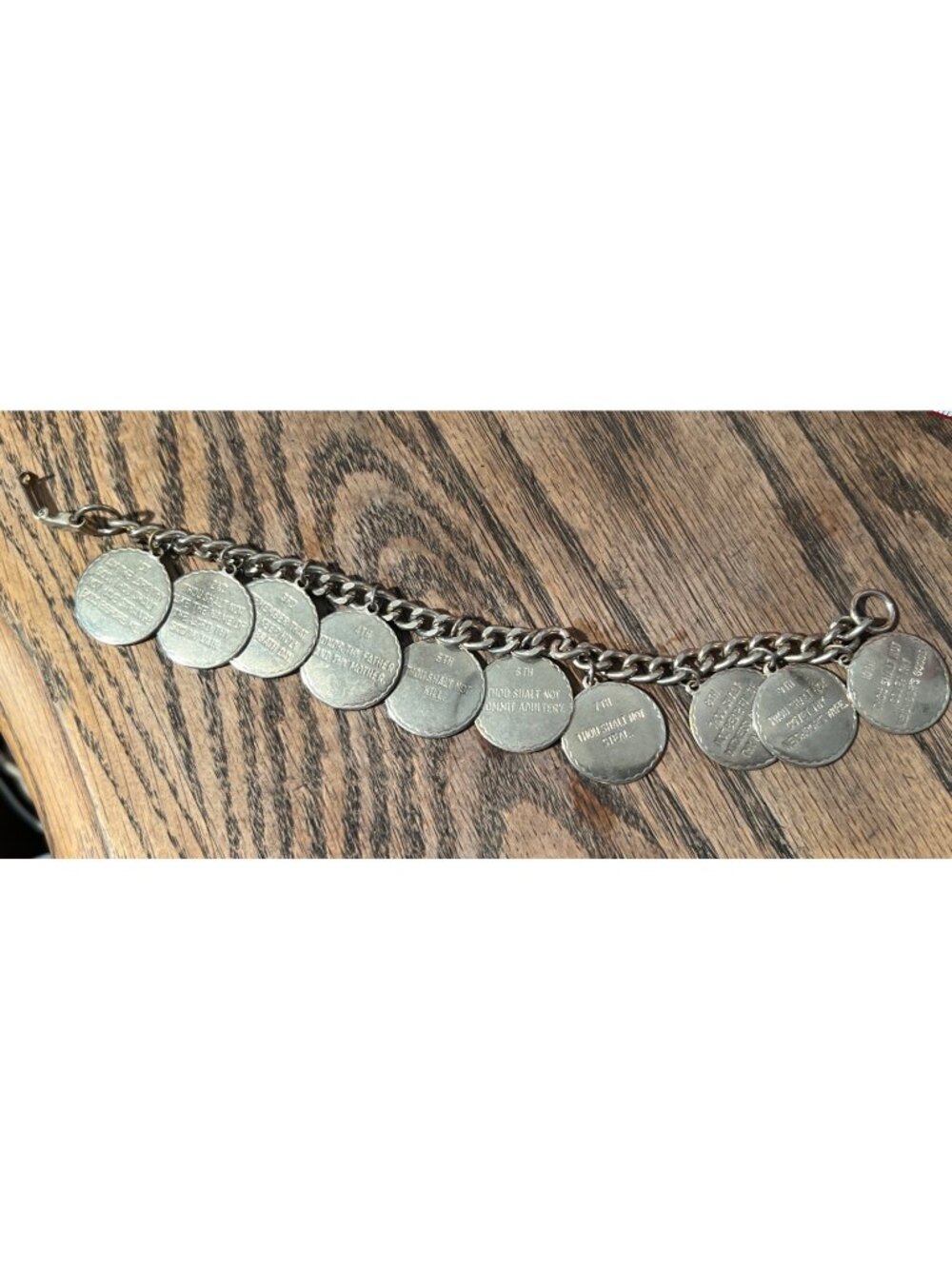 1970s Silver Tone Round 10 Ten Commandments Charm Bracelet Christian Religion 7"